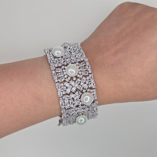 Ornate Pearl and Crystal Statement Cuff Bracelet