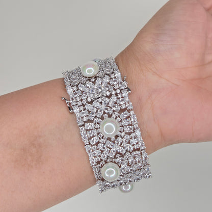 Ornate Pearl and Crystal Statement Cuff Bracelet