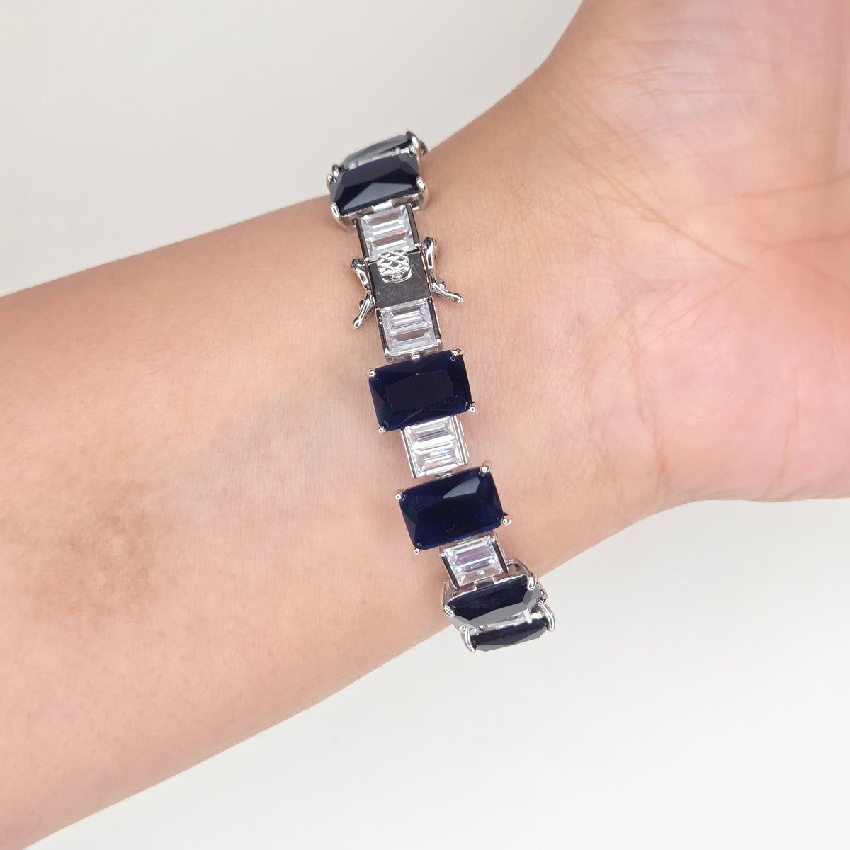 Emerald-Cut Sapphire Blue and Baguette Crystal Line Bracelet