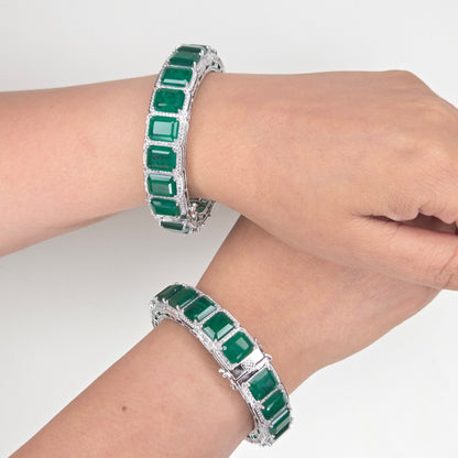 Emerald-Cut Green Crystal Halo Tennis Bracelet Set