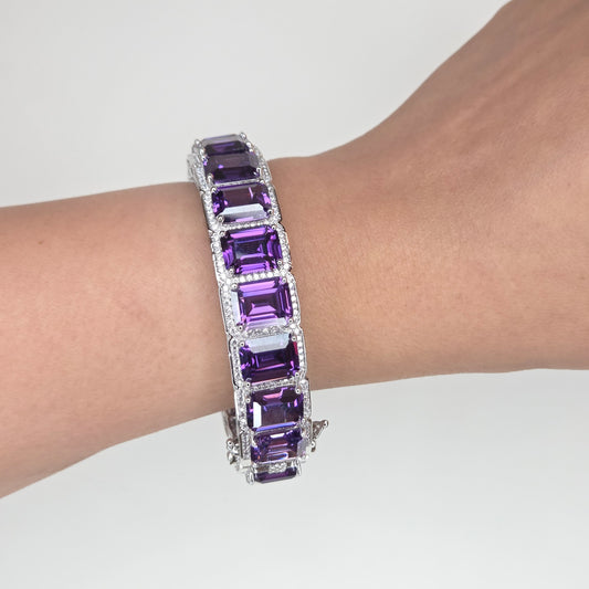 Emerald-Cut Amethyst Purple Crystal Halo Tennis Bracelet