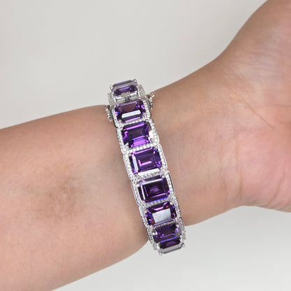 Emerald-Cut Amethyst Purple Crystal Halo Tennis Bracelet