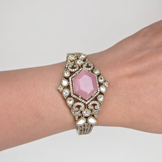 Hexagonal Pink Stone Kundan Style Statement Cuff