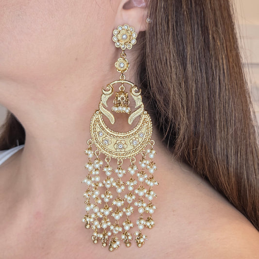 Antique Gold Chandbali Earrings with Pearl Tassel Fringe