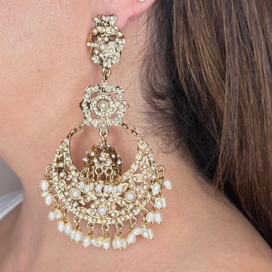 Antique Gold & Pearl Chandbali Statement Earrings with Center Jhumka