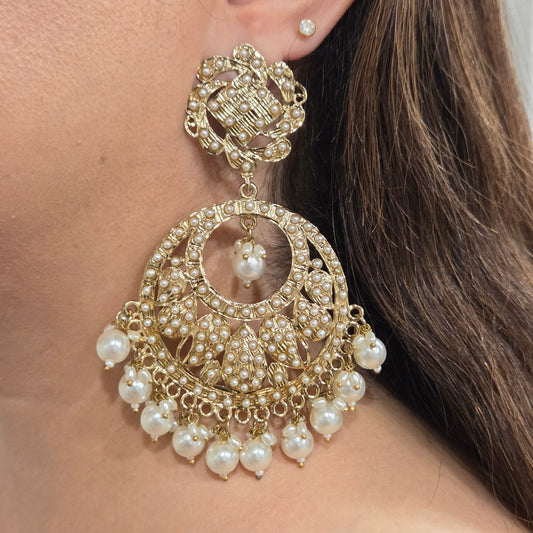 Antique Gold & Micro-Pearl Chandbali Statement Earrings