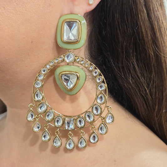Sage Green Enamel & Kundan Hoop-Style Chandbali Statement Earrings