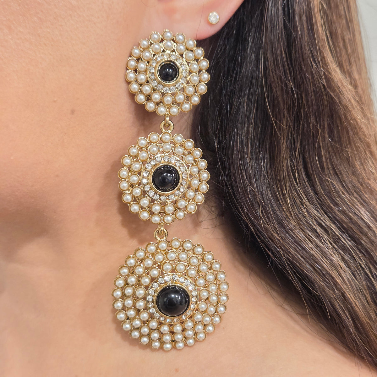 Gold & Black Gemstone Three-Tiered Pearl Statement Drop Earrings
