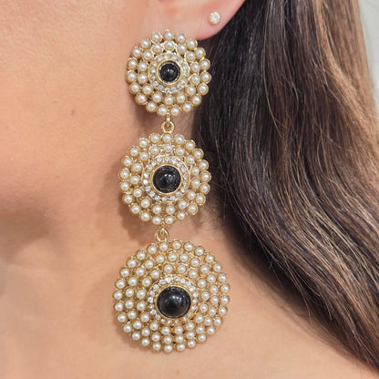 Gold & Black Gemstone Three-Tiered Pearl Statement Drop Earrings