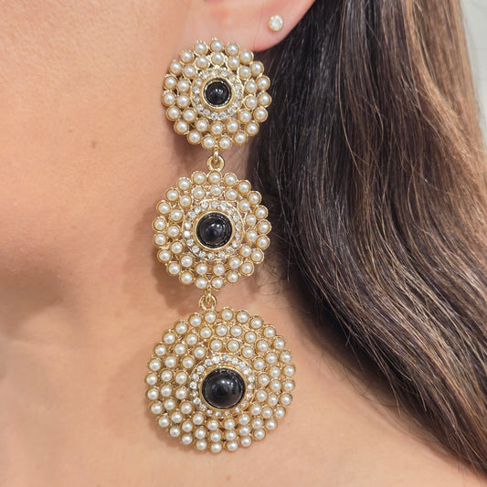 Gold & Black Gemstone Three-Tiered Pearl Statement Drop Earrings