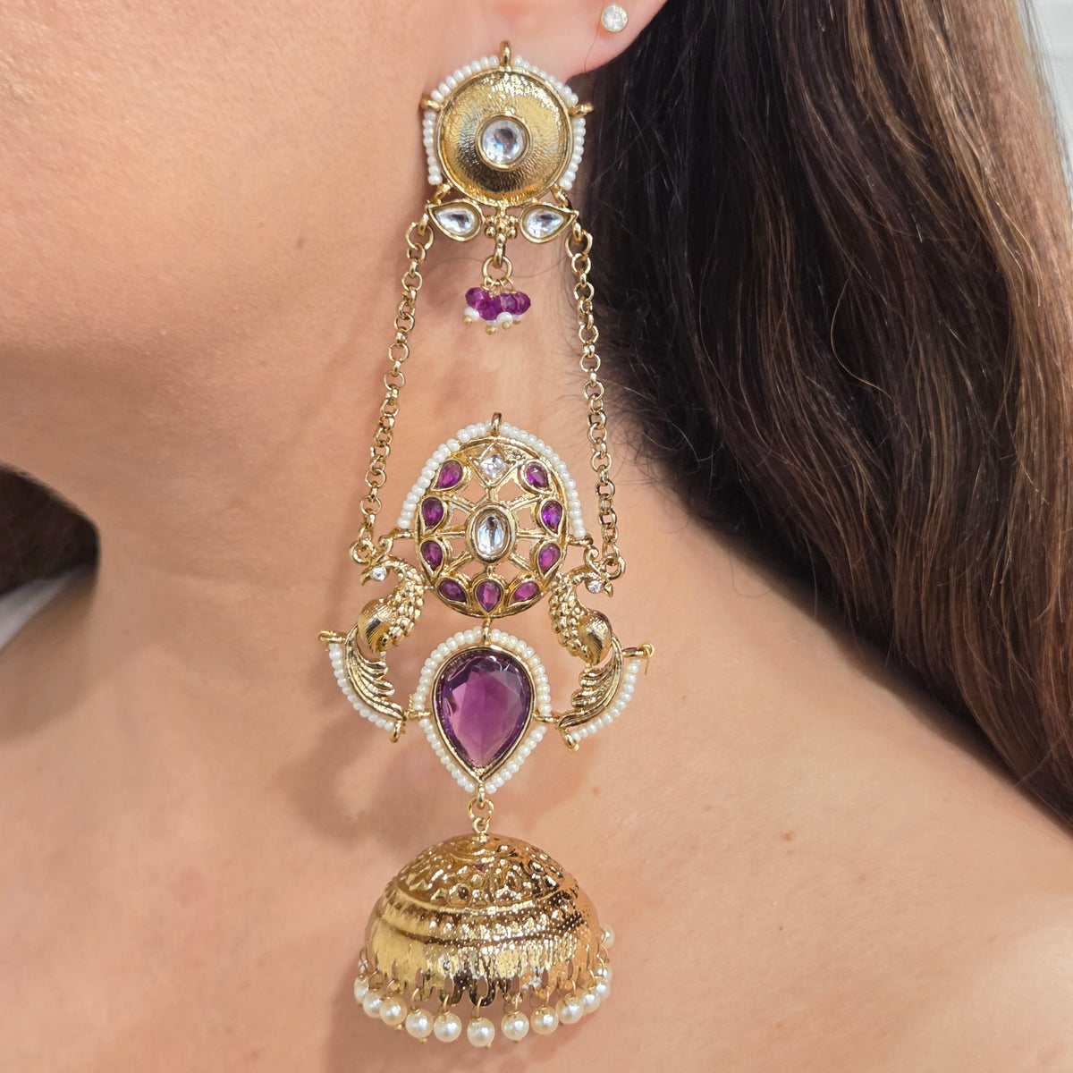 Antique Gold Kundan & Purple Gemstone Jhumka Earrings with Decorative Side Chains