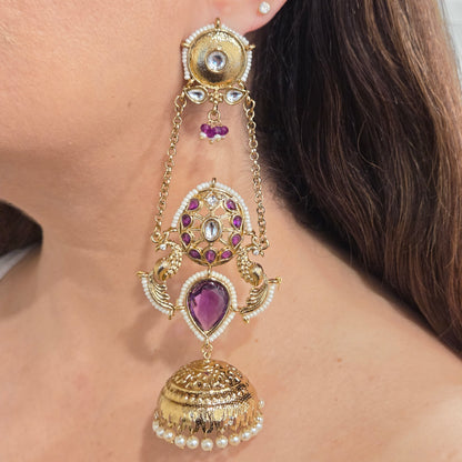 Antique Gold Kundan & Purple Gemstone Jhumka Earrings with Decorative Side Chains