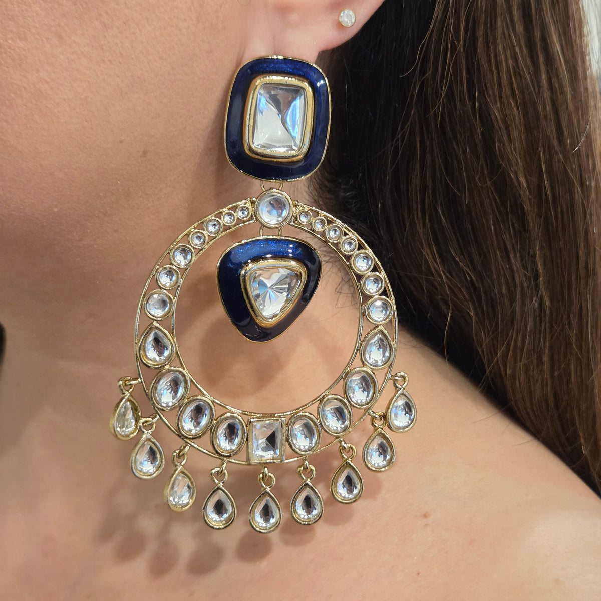 Navy Blue Enamel & Kundan Hoop-Style Chandbali Statement Earrings