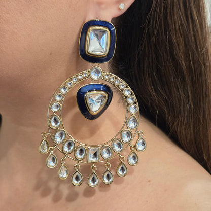 Navy Blue Enamel & Kundan Hoop-Style Chandbali Statement Earrings
