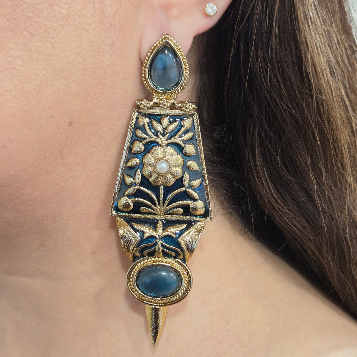 Antique Gold & Teal Enamel Floral Drop Statement Earrings