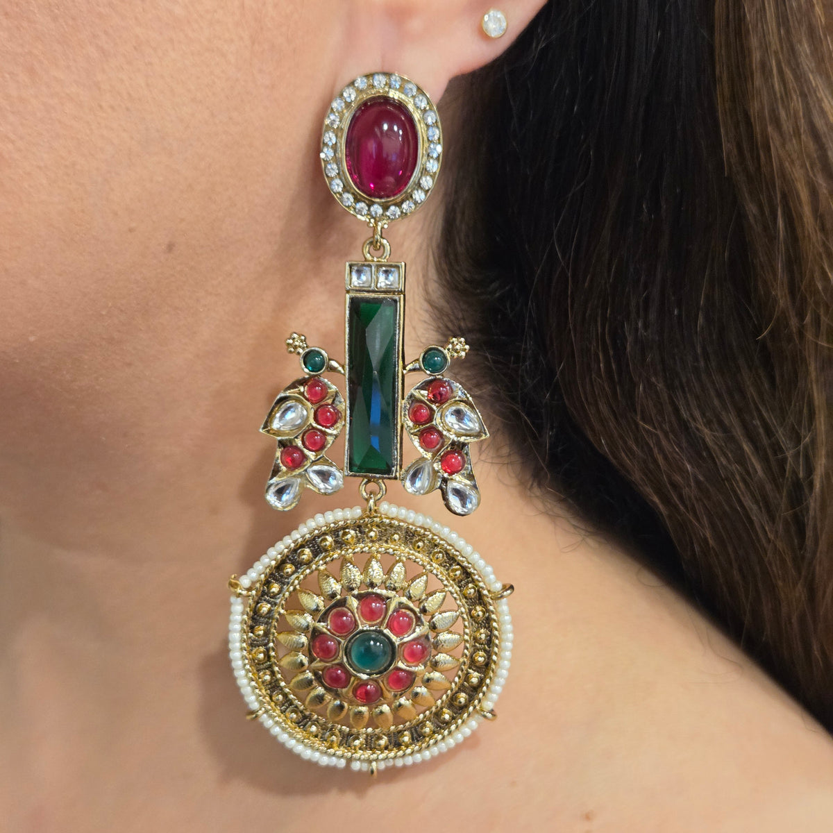Antique Gold Multicolor Kundan & Gemstone Statement Drop Earrings