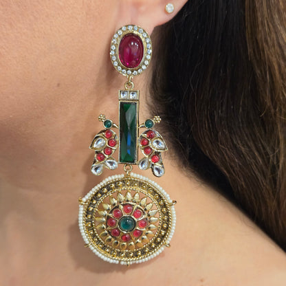 Antique Gold Multicolor Kundan & Gemstone Statement Drop Earrings
