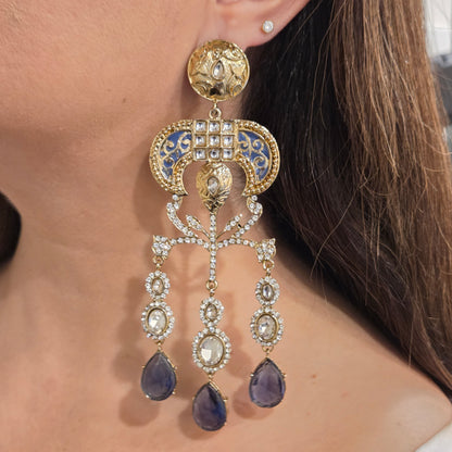 Antique Gold & Kundan Chandelier Earrings with Bluish-Violet Gemstone Drops