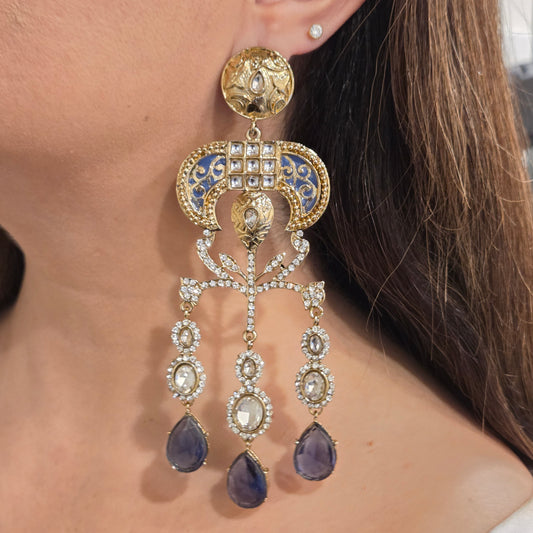 Antique Gold & Kundan Chandelier Earrings with Bluish-Violet Gemstone Drops