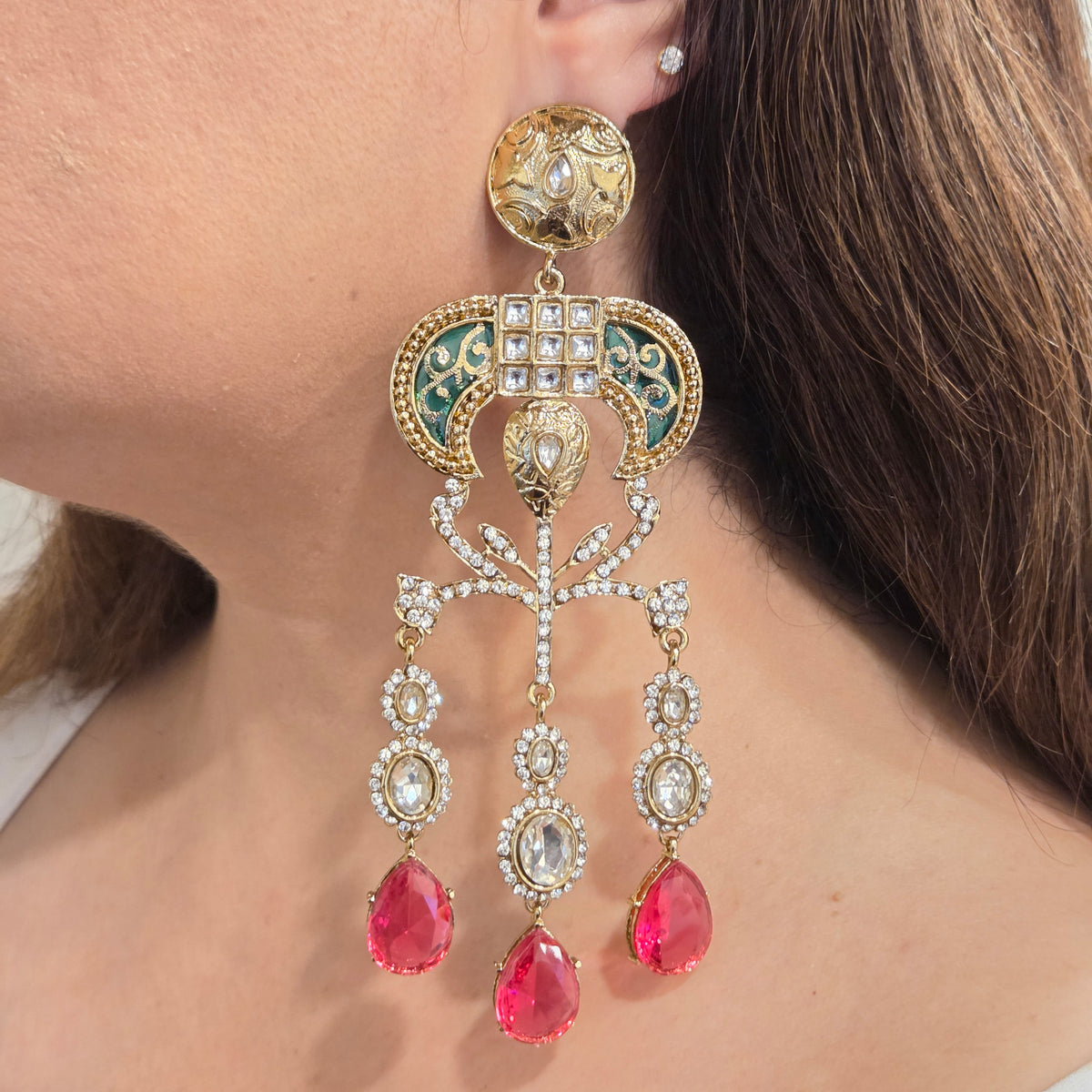 Antique Gold & Kundan Chandelier Earrings with Ruby-Pink Gemstone Drops