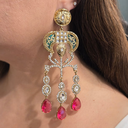 Antique Gold & Kundan Chandelier Earrings with Ruby-Pink Gemstone Drops