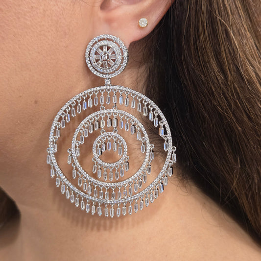 Silver-Toned American Diamond Concentric Ring Statement Earrings