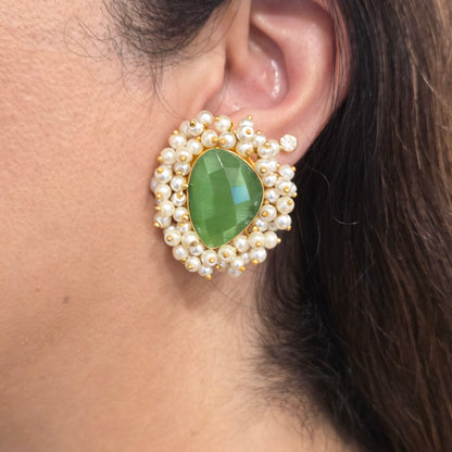 Green Stone & Pearl Cluster Stud Earrings