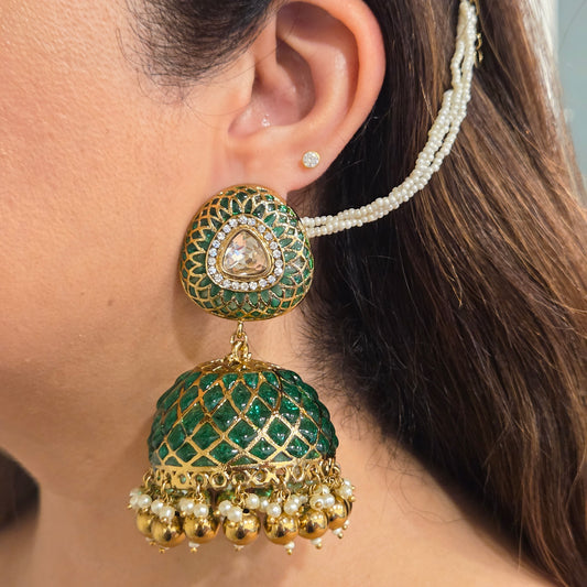 Antique Gold & Green Jaali Work Kundan Jhumka Earrings with Pearl Ear Chains