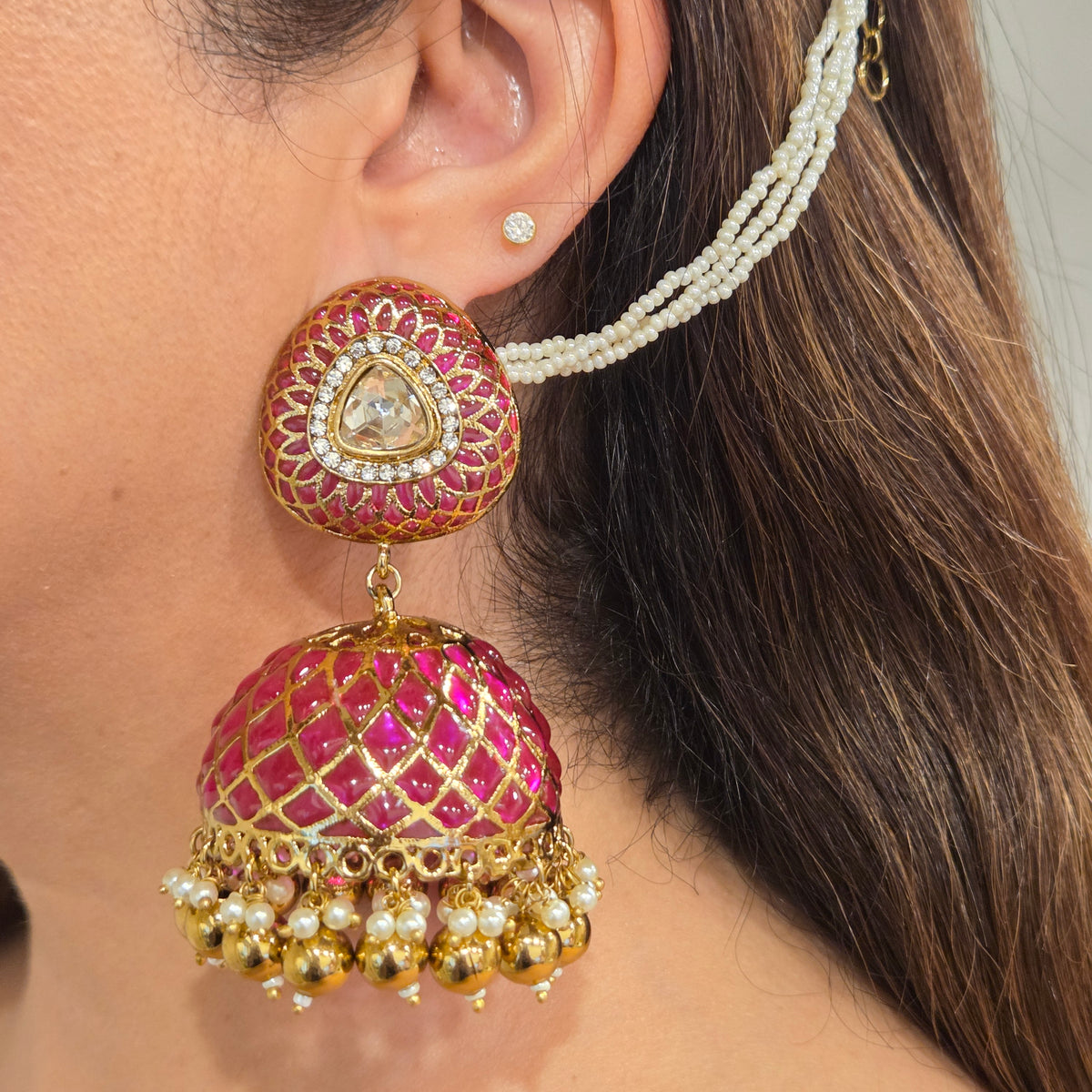 Antique Gold & Green Jaali Work Kundan Jhumka Earrings with Pearl Ear Chains