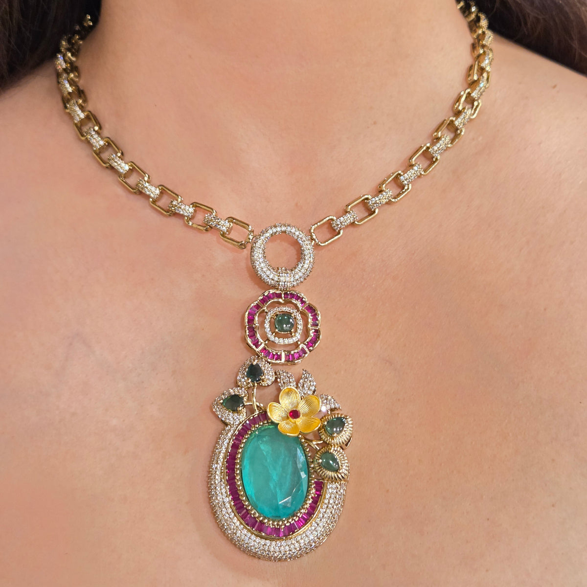 Gold-Toned Emerald & Ruby Floral Statement Pendant Chain Set with Matching Earrings
