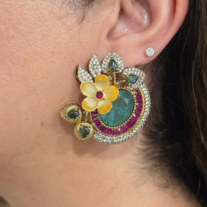 Gold-Toned Emerald & Ruby Floral Statement Pendant Chain Set with Matching Earrings