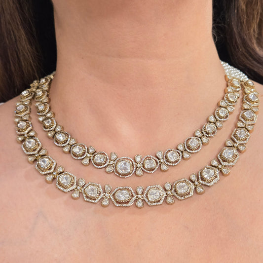 Royal Kundan/Polki Long Layered Necklace Set with Maang Tikka and Earrings
