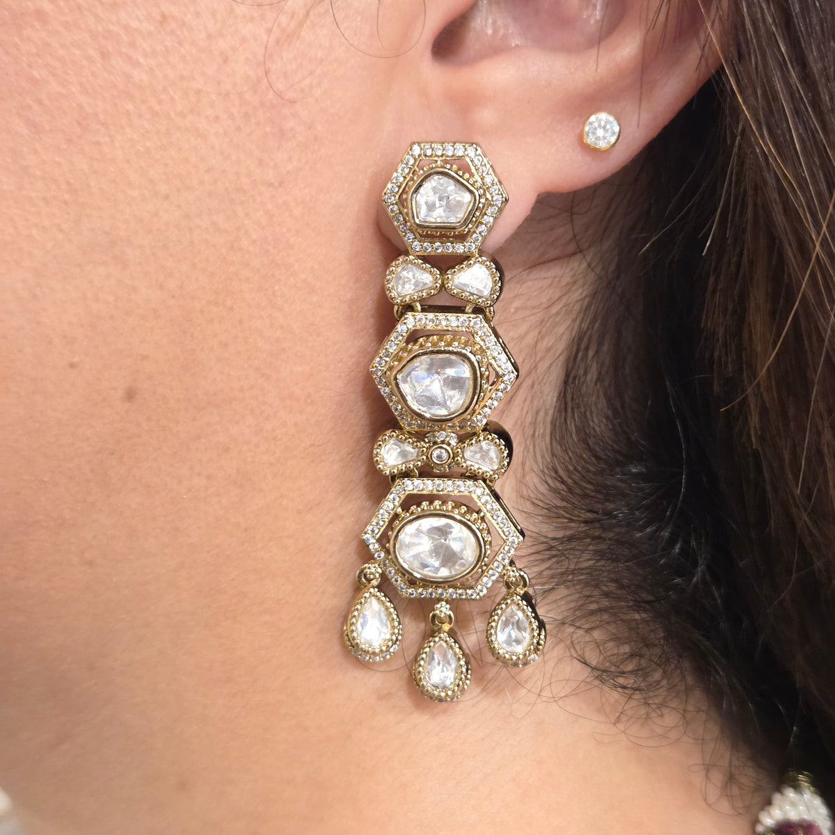 Royal Kundan/Polki Long Layered Necklace Set with Maang Tikka and Earrings