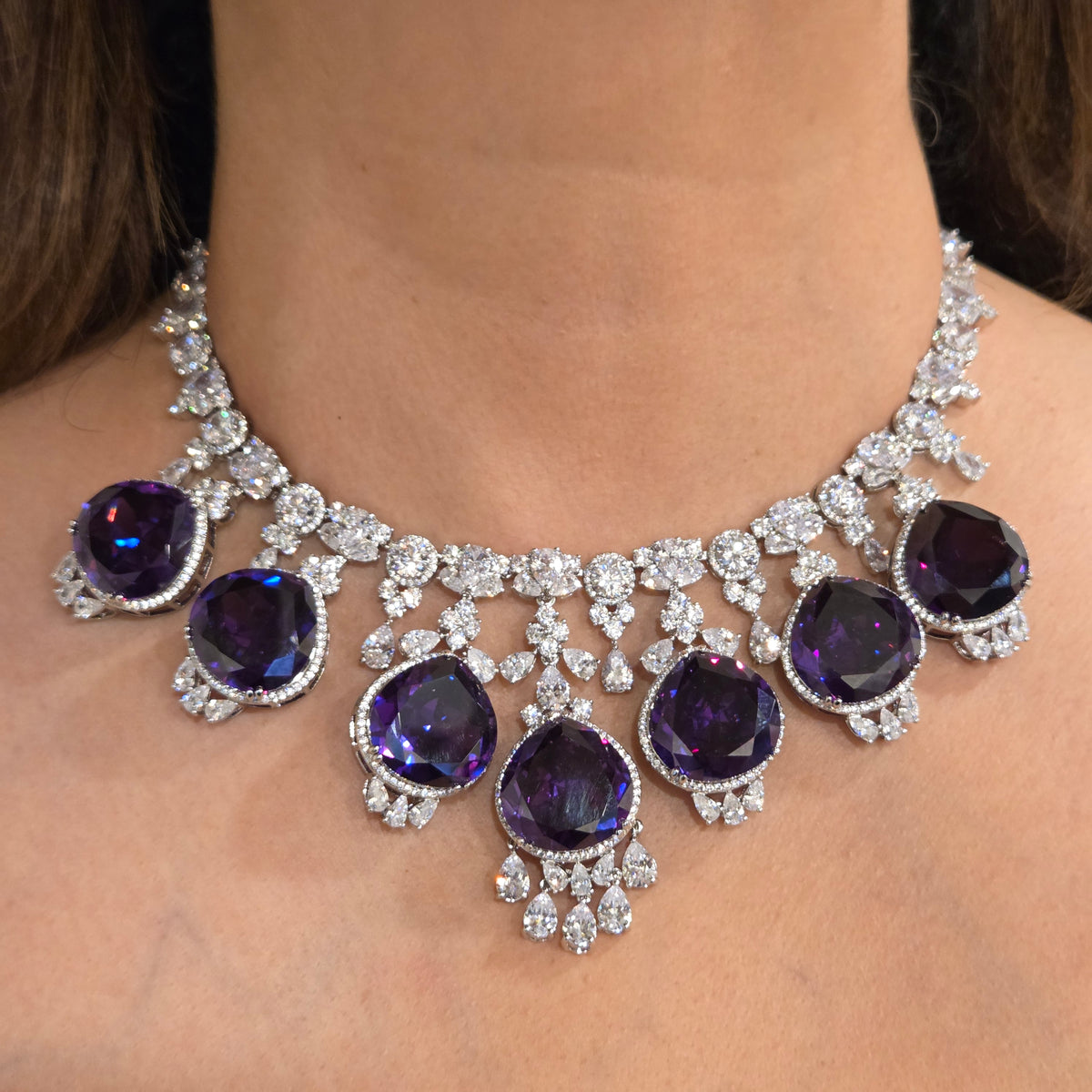 Royal Amethyst Purple & Cubic Zirconia Statement Necklace Set