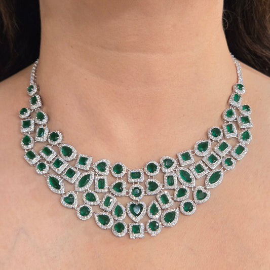 Luxurious Emerald Green & Cubic Zirconia Statement Necklace Set with Drop Earrings