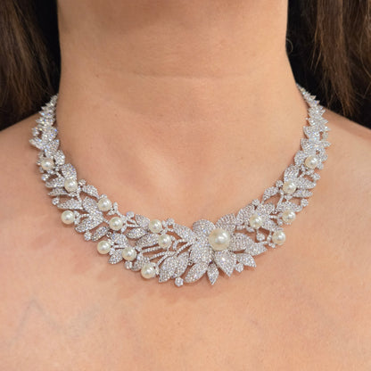 Pearl & Cubic Zirconia Floral Vine Statement Necklace Set