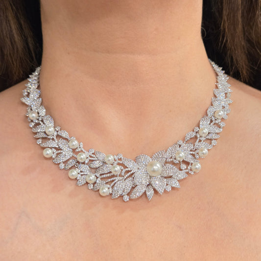 Pearl & Cubic Zirconia Floral Vine Statement Necklace Set