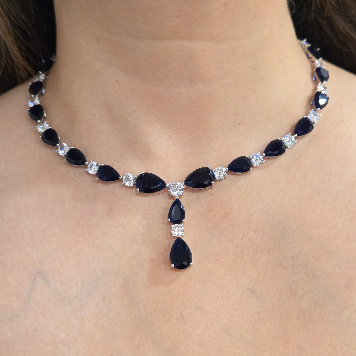 Sapphire Blue & Cubic Zirconia Teardrop Necklace Set