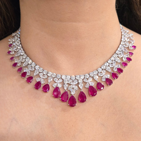 Ruby Red & Cubic Zirconia Floral Necklace Set