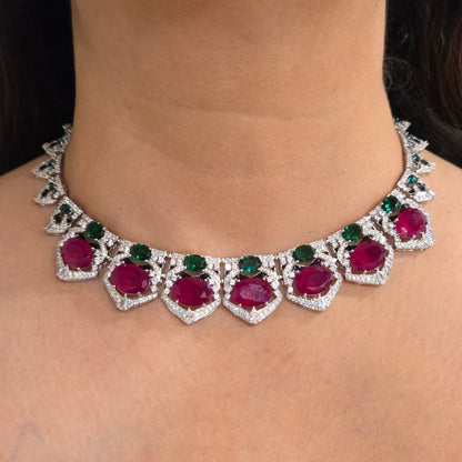 Ruby Red & Emerald Green Cubic Zirconia Statement Choker Set with Earrings