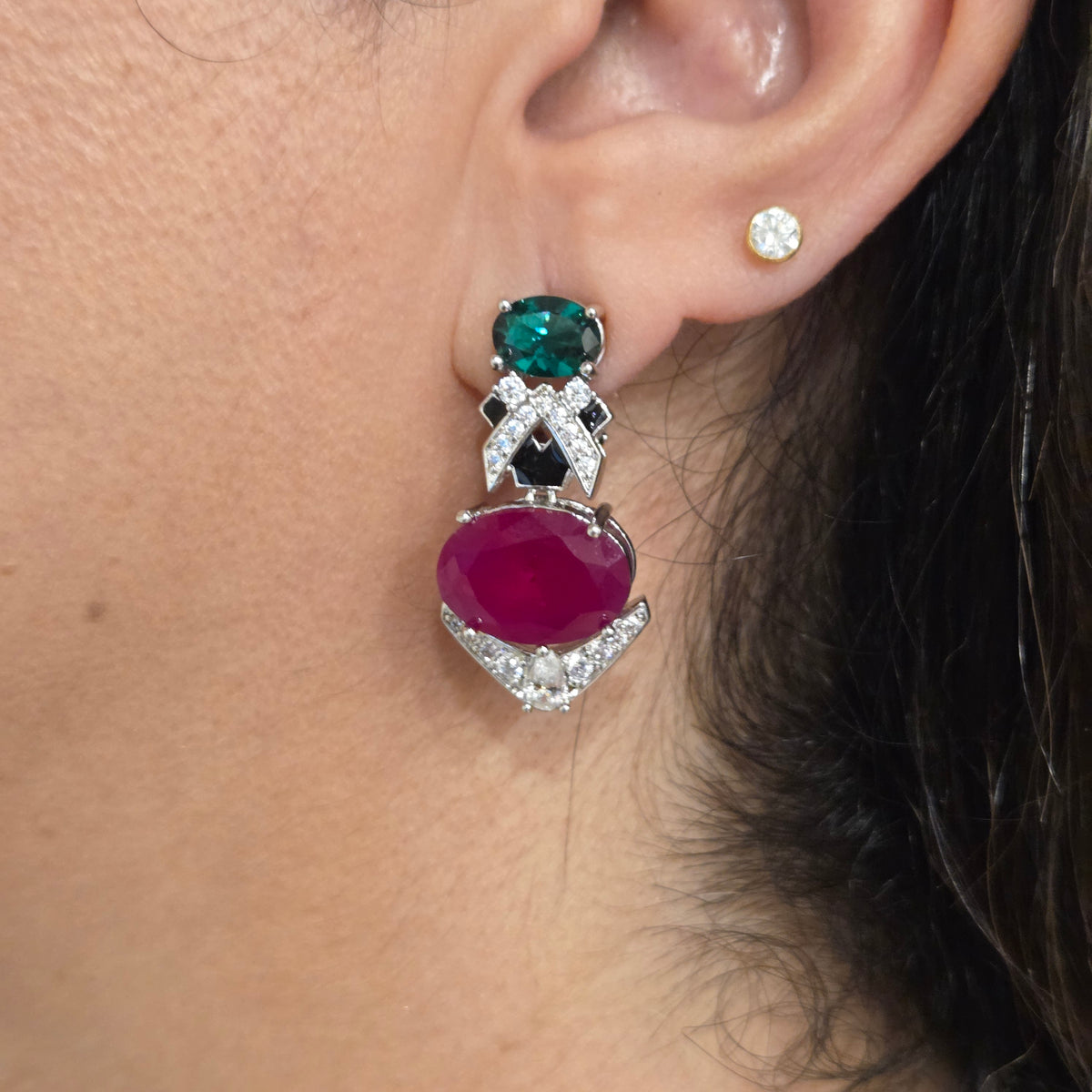 Ruby Red & Emerald Green Cubic Zirconia Statement Choker Set with Earrings