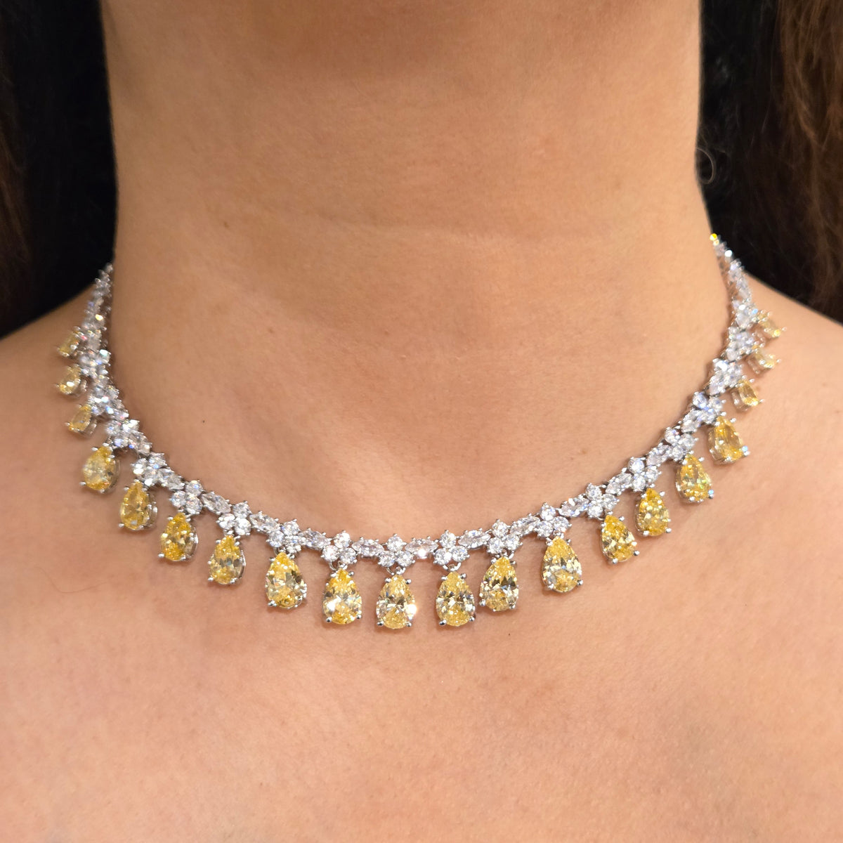 Canary Yellow & Cubic Zirconia Teardrop Necklace Set with Matching Drop Earrings