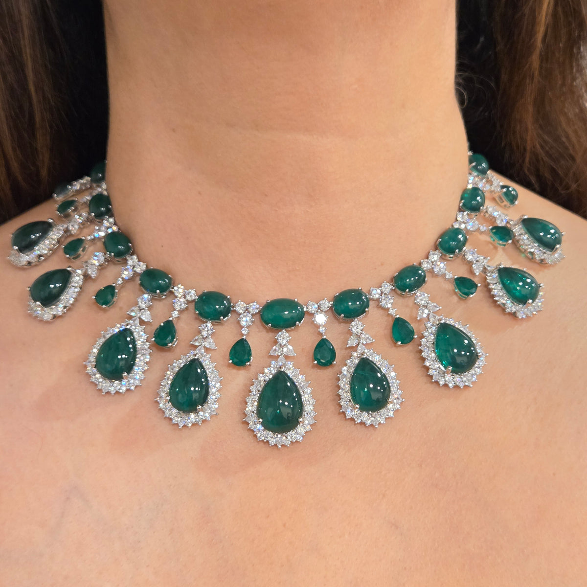 Emerald Green Cabochon & Cubic Zirconia Statement Necklace Set