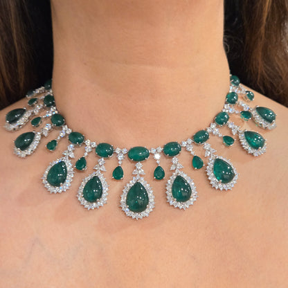 Emerald Green Cabochon & Cubic Zirconia Statement Necklace Set