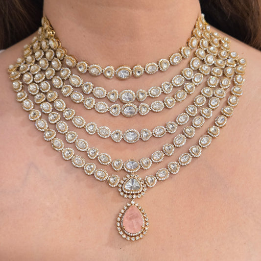 Blush Pink Quartz & Kundan Multi-Layered Necklace Set with Earrings and Maang Tikka
