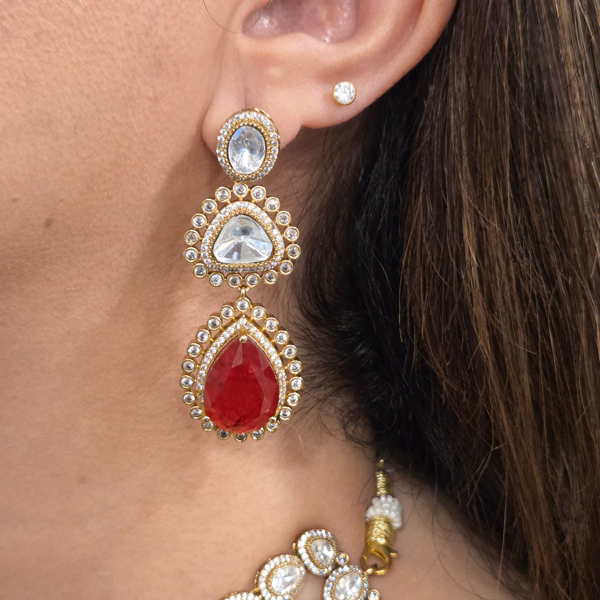 Red Quartz & Kundan Multi-Layered Necklace Set with Earrings and Maang Tikka
