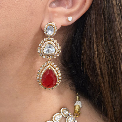Red Quartz & Kundan Multi-Layered Necklace Set with Earrings and Maang Tikka