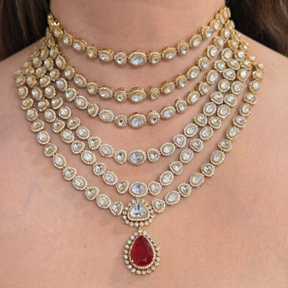 Red Quartz & Kundan Multi-Layered Necklace Set with Earrings and Maang Tikka