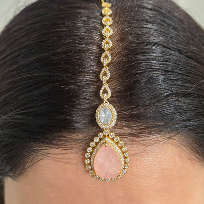 Blush Pink Quartz & Kundan Multi-Layered Necklace Set with Earrings and Maang Tikka