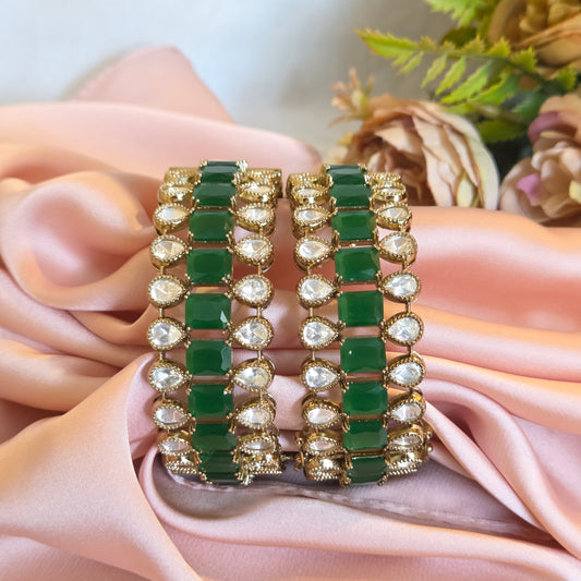 Emerald Green Stone and Polki Kundan Bangle Set